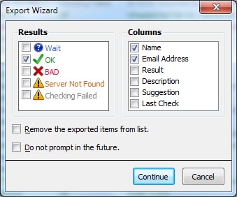 Test Email Address Export Wizard Interface