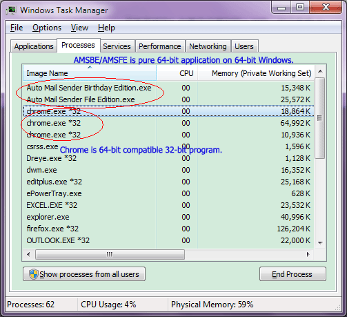 AMSBE/AMSFE is a pure 64-bit program.