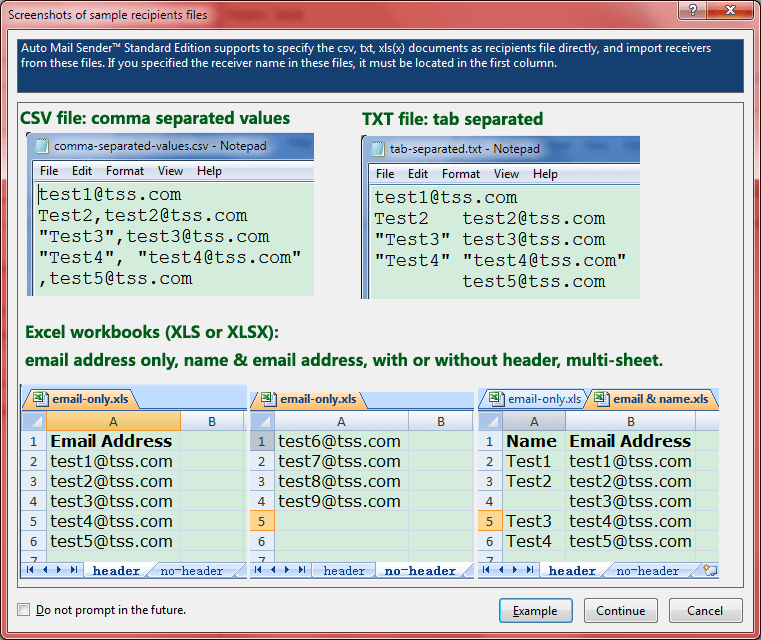Screenshots of sample recipients files